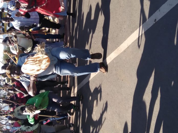amabutho has been unleashed at the KwaDakwadunuse homestead to assist the ex-MK soldiers who are on guard at the eNkandla homestead to prevent police from arresting Zuma. Image: Sandile Motha.