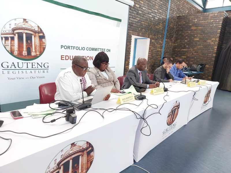 Department of Basic Education's Thabang Hlakula and members of the Gauteng provincial legislature Nthabiseng Mosito, Tshilidzi Munyai, Sergio Dos Santos and Wildri Peach at the Bela Bill public hearing in Tembisa, Ekurhuleni.