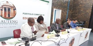 Department of Basic Education's Thabang Hlakula and members of the Gauteng provincial legislature Nthabiseng Mosito, Tshilidzi Munyai, Sergio Dos Santos and Wildri Peach at the Bela Bill public hearing in Tembisa, Ekurhuleni.
