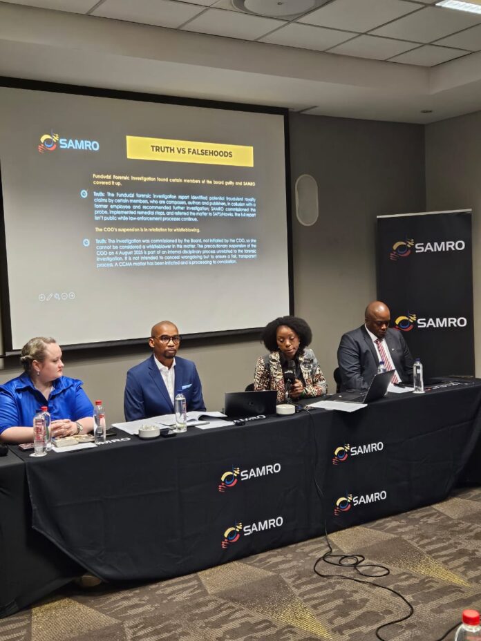 Samro CEO Annabell Lebethe flanked by the outgoing chairperson Nicholas Maweni and the deputy chairperson of the collecting society Sisa Mayekiso