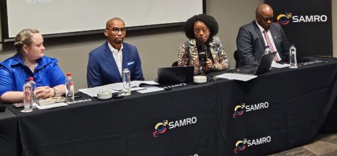 Samro CEO Annabell Lebethe flanked by the outgoing chairperson Nicholas Maweni and the deputy chairperson of the collecting society Sisa Mayekiso