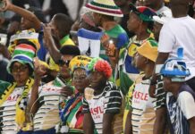 South African sports fans in ful lvoice