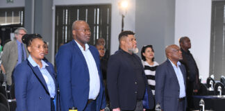 Minister of Human Settlements Thembi Simelane, SALGA President Cllr Bheke Stofile, SALGA Working Group Chairperson for Planning and Rural Development Cllr Neo Masegela and Joburg Executive Mayor Cllr Dada Morero at the Local Government Development Summit.