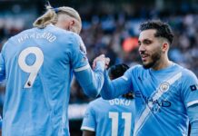 Man City players after scoring a goal
