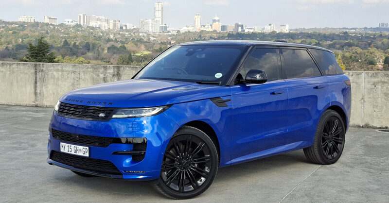 Velocity Blue Range Rover Sport D350 luxury SUV with 23-inch gloss black alloy wheels