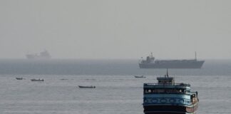 Vessels navigating the Strait of Hormuz, viewed from Musandam, Oman.