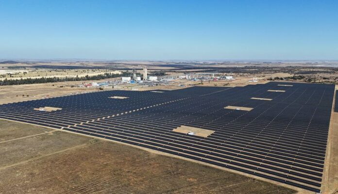 Drone view of solar panels at Gold Fields' South Deep mine, southwest of Johannesburg.