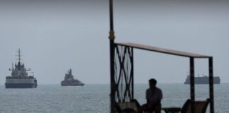 Vessels sailing near the beach of Bandar Abbas in the Strait of Hormuz, Iran.