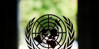 The United Nations logo displayed on a window at its headquarters in New York City.