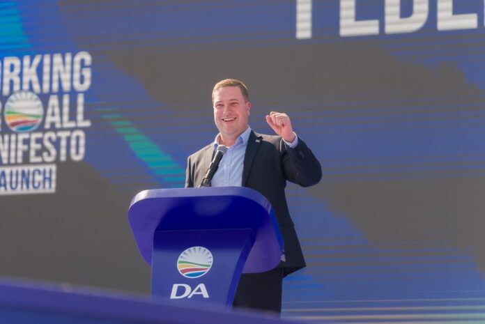 DA leader Geordin Hill-Lewis speaks at the party's local government elections manifesto launch in Newtown Johannesburg on Saturday.
