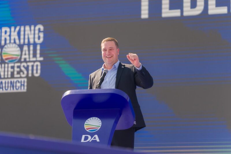 DA leader Geordin Hill-Lewis speaks at the party's local government elections manifesto launch in Newtown Johannesburg on Saturday.