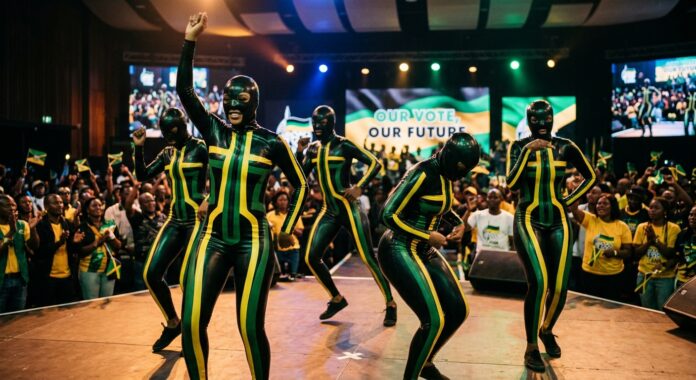 AI-generated image of dancers dressed in latex in ANC colours.