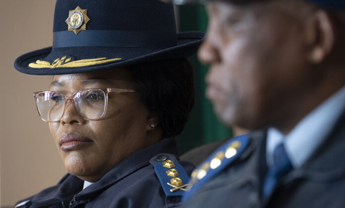 Lieutenant General Puleng Dimpane speaking at a South African Police Service event in Cape Town.