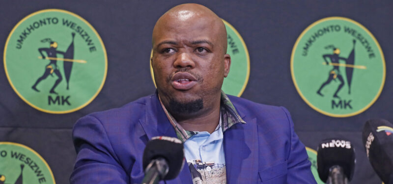 MK Party secretary-general Sibonelo Nomvalo speaking at a media briefing in Sandton.