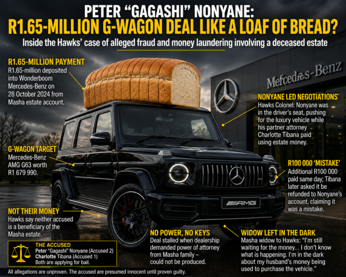 Accused couple in a R1.7 million deceased estate case are said to have attempted to buy a Mercedes-Benz G63 like a loaf of bread.
