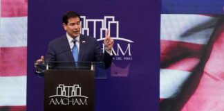 U.S. Secretary of State Marco Rubio speaks at the American Chamber of Commerce of Peru in Lima.