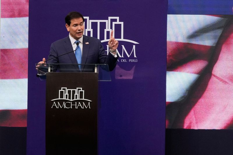 U.S. Secretary of State Marco Rubio speaks at the American Chamber of Commerce of Peru in Lima.