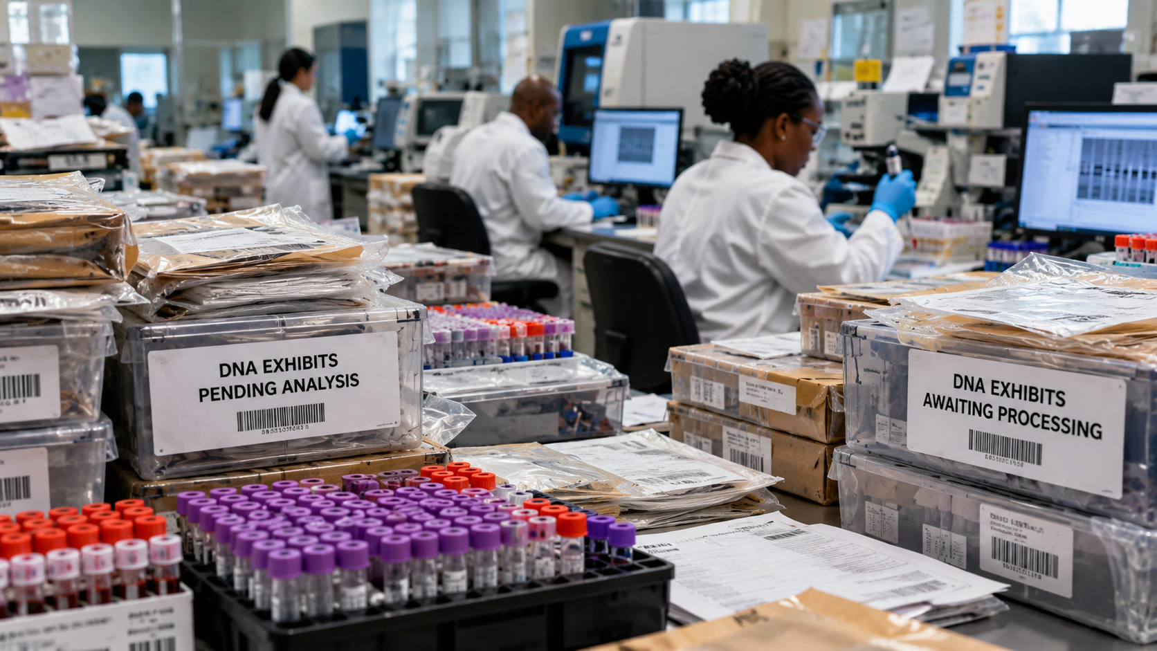 228,000 DNA exhibits overdue as Ramaphosa gives cops 60 days for plan An AI-generated illustration depicting pressure on forensic DNA laboratories.