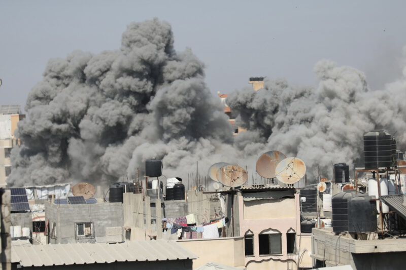 FILE PICTURE: Plumes of smoke billow into the sky following an Israeli strike on residential areas in the Nuseirat refugee camp, in violation of a ceasefire, in the central Gaza Strip, Palestine on September 9.