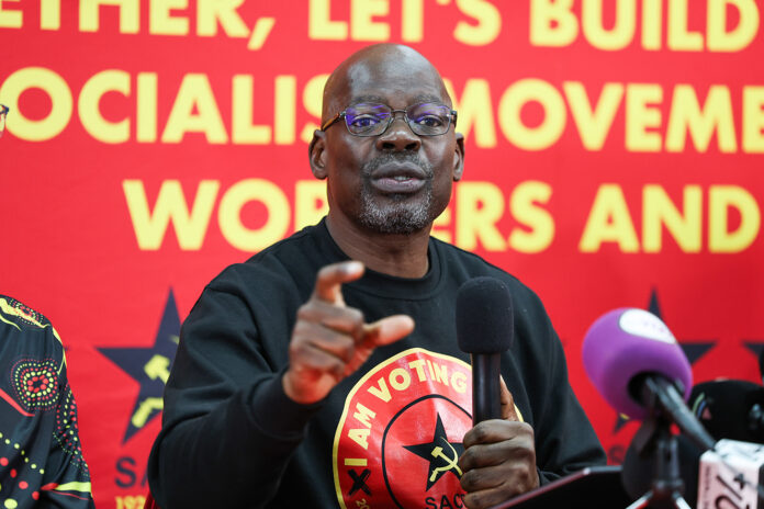 SACP General Secretary Solly Mapaila addresses a media briefing at COSATU House