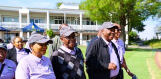 ANC President Cyril Ramaphosa alongside the party's treasurer- general Gwen Ramokgopa and the veterans league leader, Snuki Zikalala.