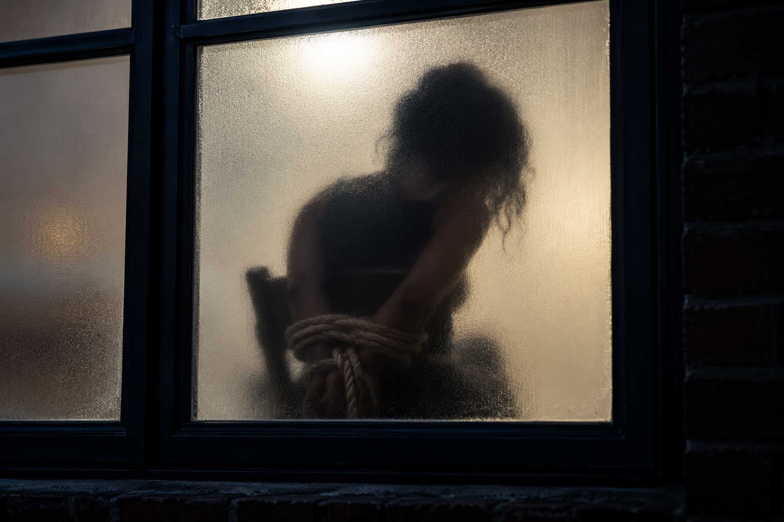 An illustration of a woman held captive.