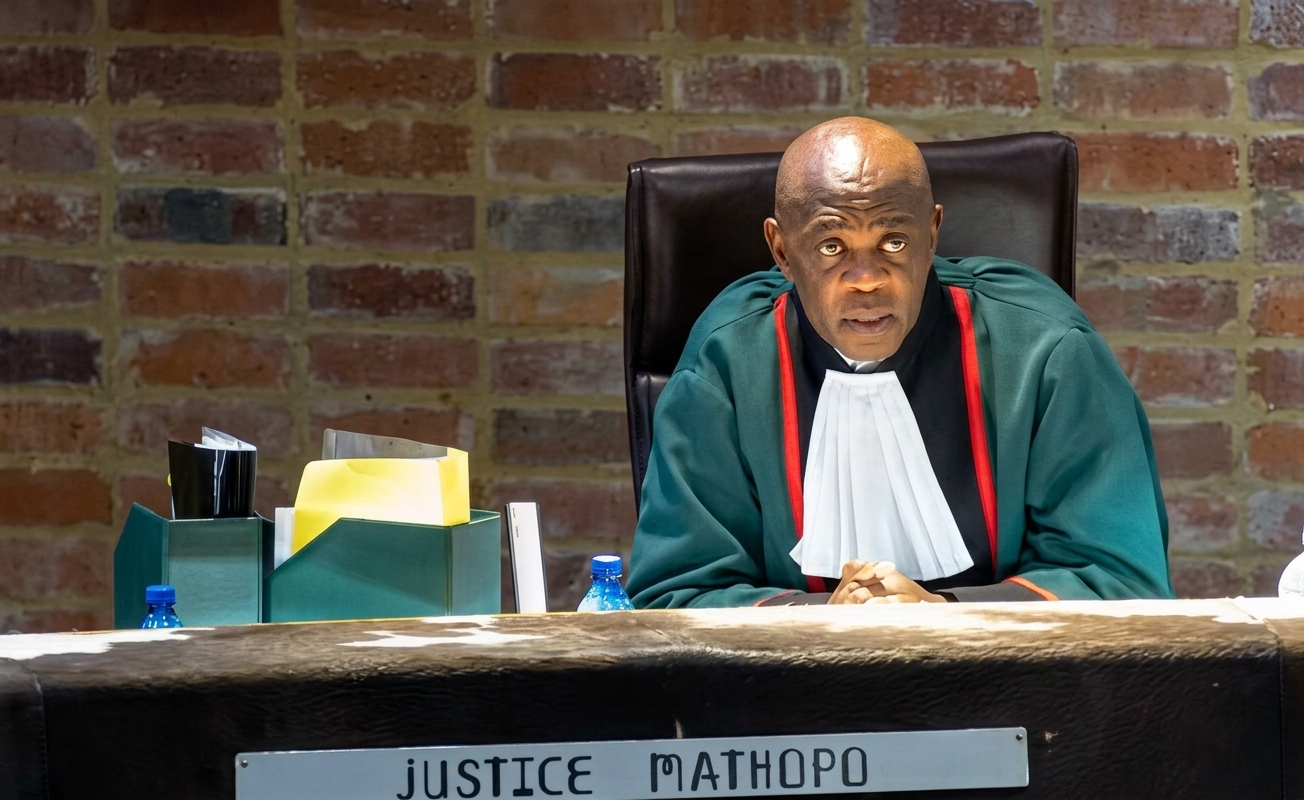 Caption: Constitutional Court Justice Rammaka Mathopo during proceedings in which he questioned whether the IEC’s electronic final-submission requirement could lawfully exclude candidates at the expense of voters’ democratic rights. 