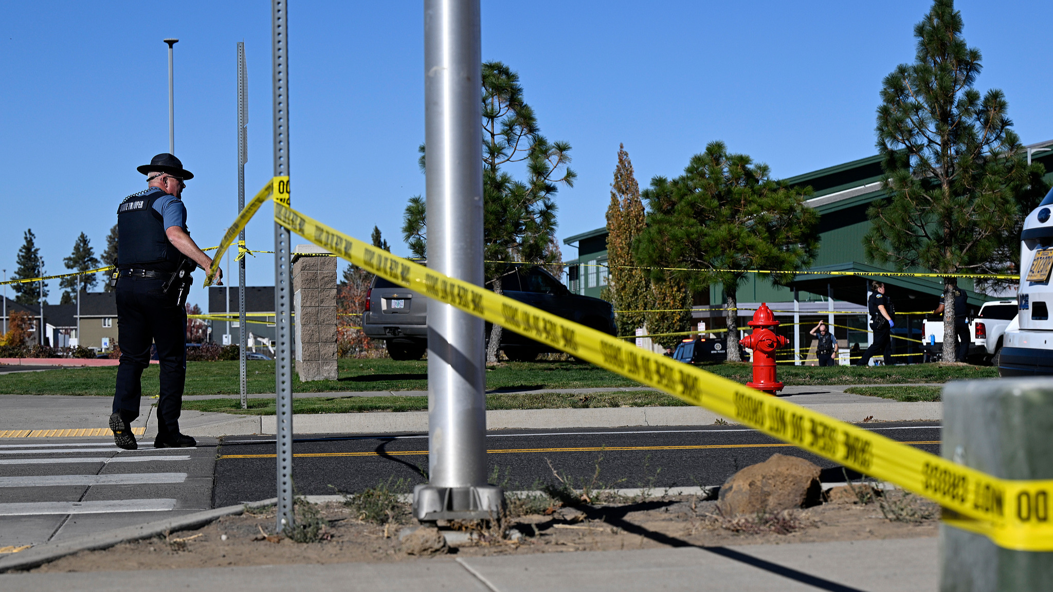 Cordoned-off scene following a deadly shooting at an elementary school in Oregon, US.